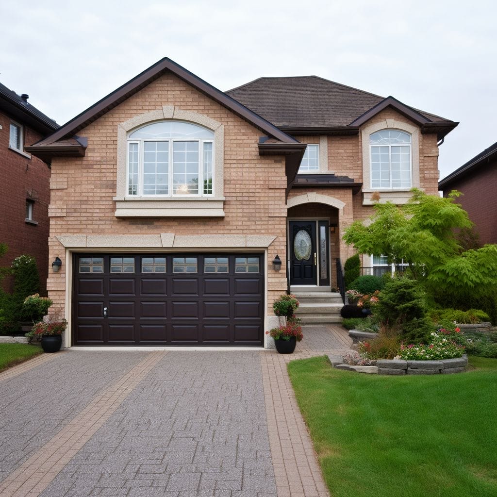 A two-story brick house with a brown roof and dark garage doors, featuring a well-manicured lawn and a driveway lined with pavers, improved by Icarus Services based on client testimonial