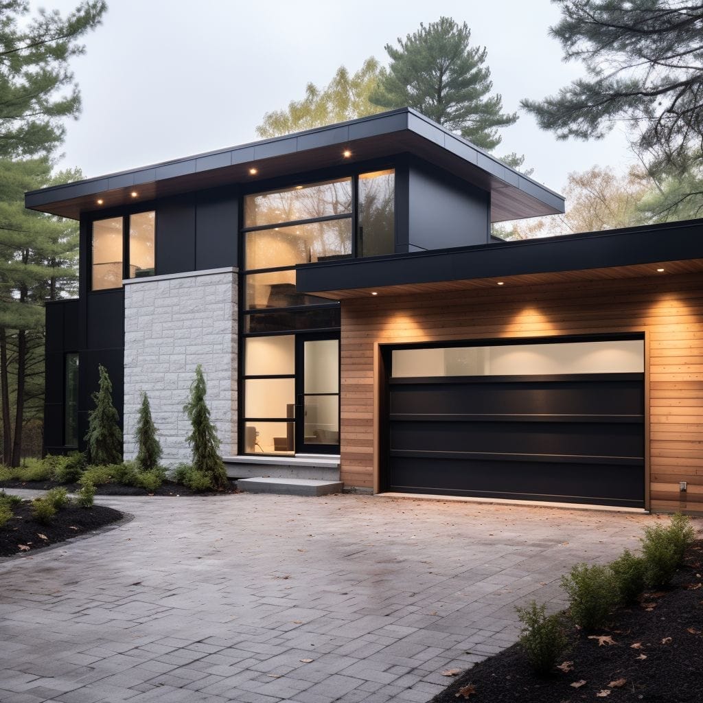 Modern two-storey house with a combination of dark siding and wood paneling, featuring large windows, an attached garage with sleek garage doors, and a paved driveway, set against a backdrop of trees in