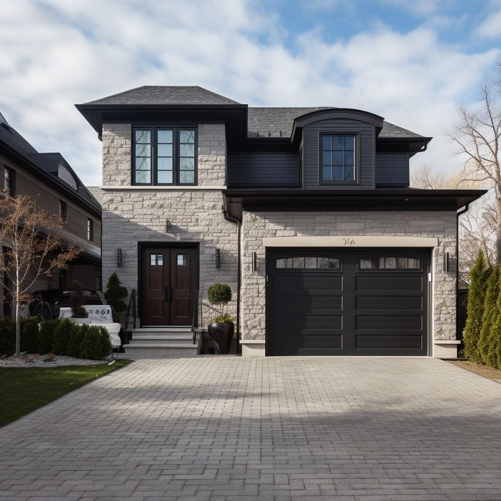 Modern two-story house with stone facade, black trim, and roof, featuring a double garage with designer garage doors and a paved driveway.