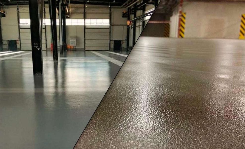 A Split Screen Image Showing Two Types Of Epoxy Floor Coatings In An Industrial Setting. The Left Side Depicts A Smooth And Glossy Finish, While The Right Side Shows A Textured And Matte Finish. Industrial Equipment Can Be Faintly Seen In The Background.